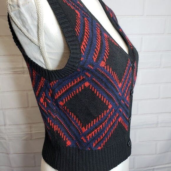 Vintage Style Black V Neck Knit Sweater Button Vest womens S Cropped Diamond - Picture 3 of 6